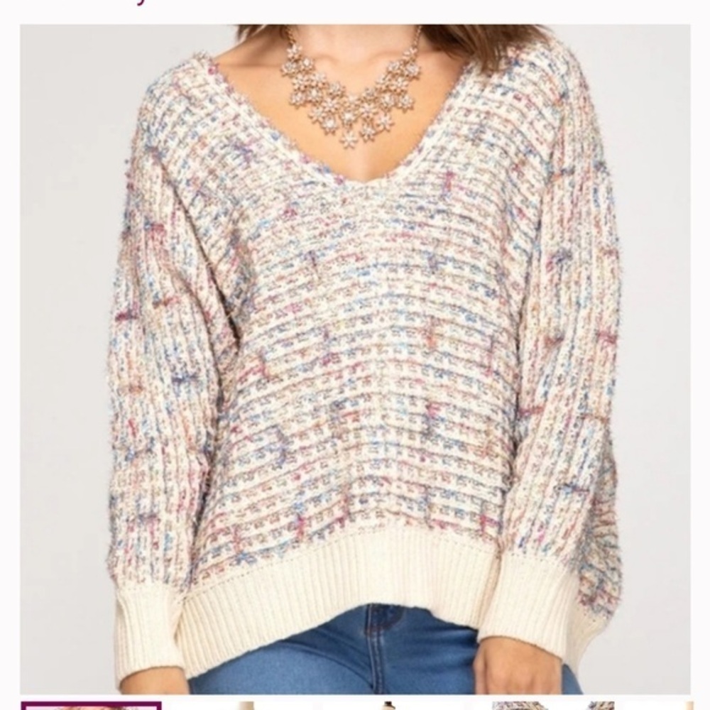 She + Sky Cream and Multicolor V-Neck Sweater